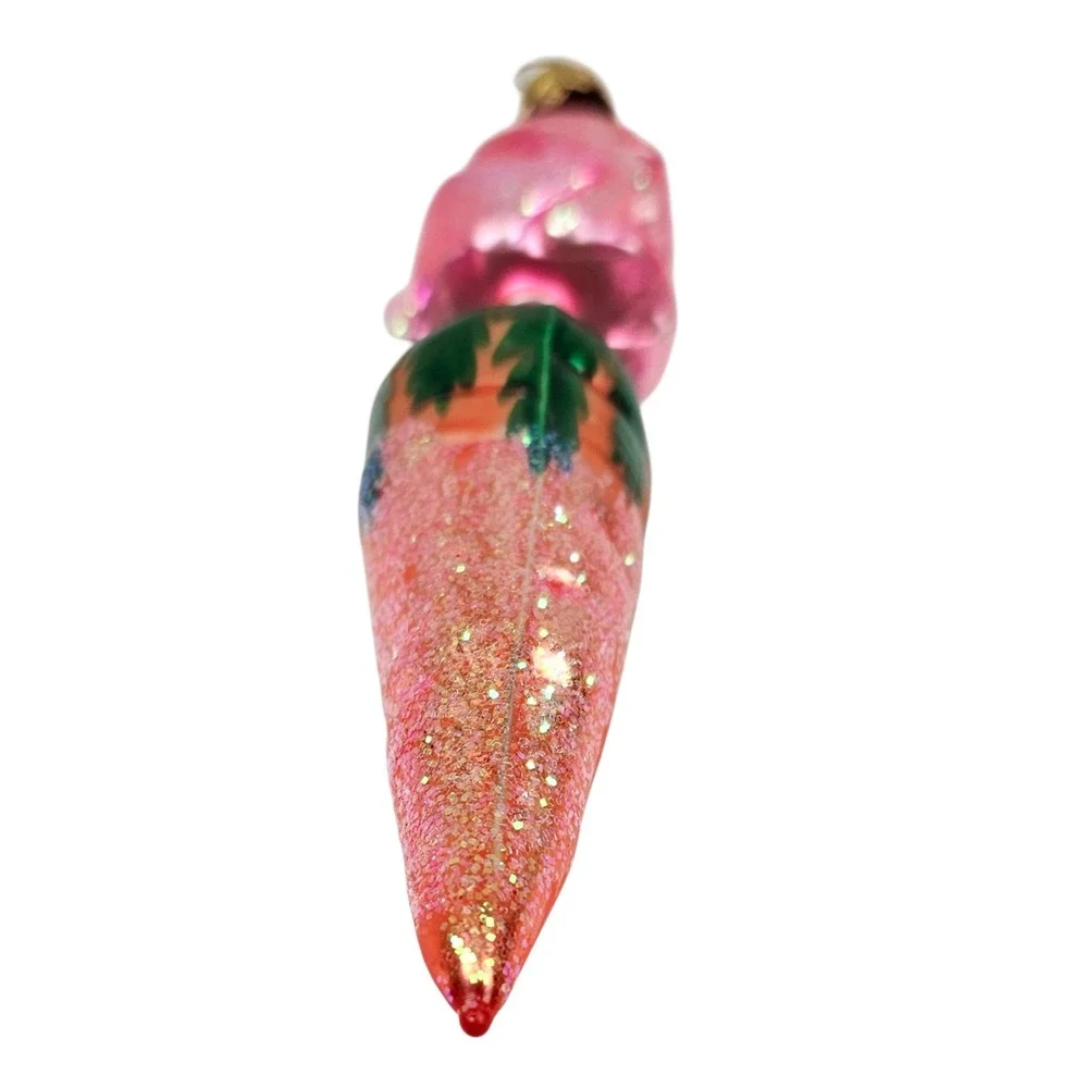 Rare Vtg Christopher Radko Pink Bunny Hop w/ Carrot‎ Glass Ornament